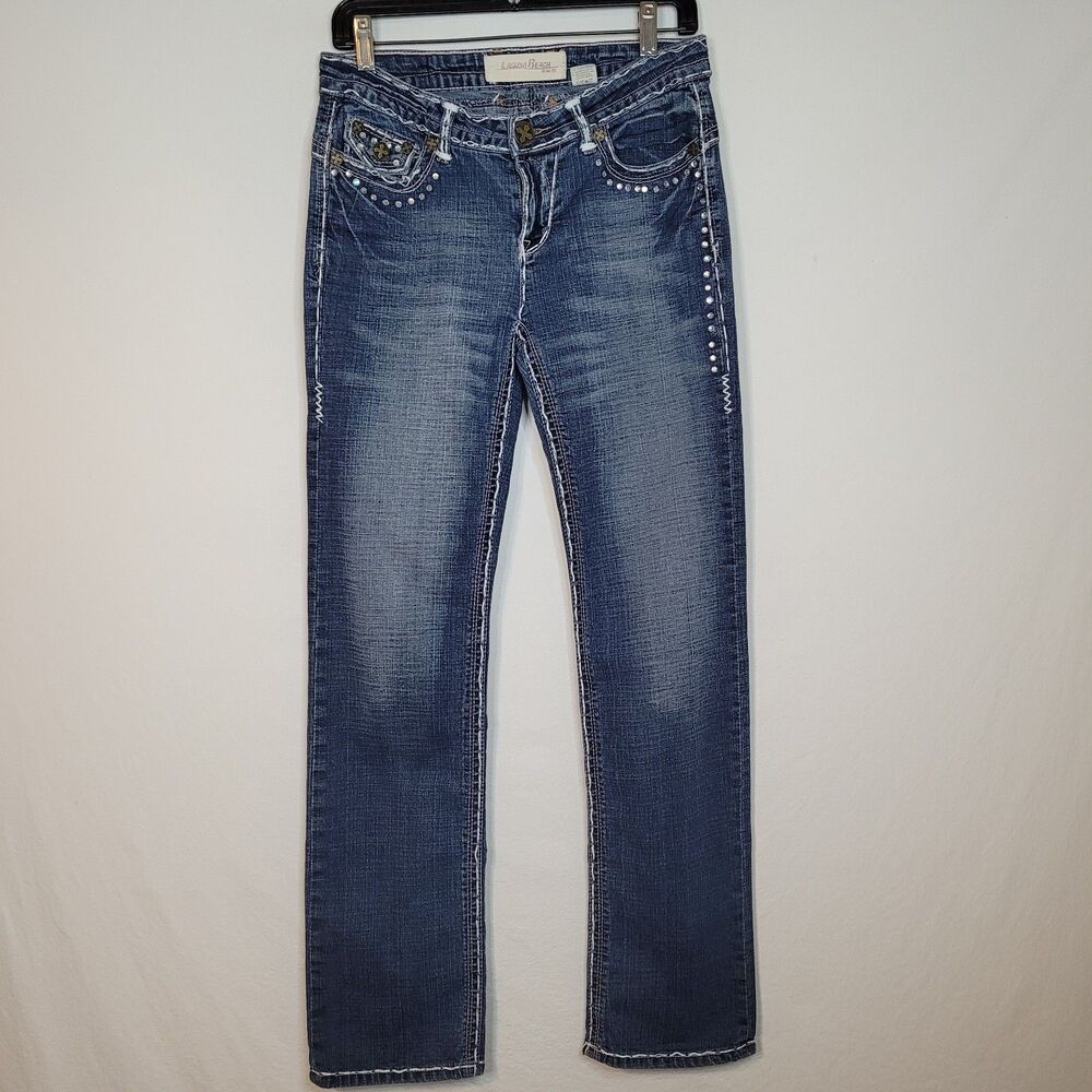 Y2K Laguna Beach Blue Jeans Womens 28 Crystals Thick Stitch Straight Leg 28x31.5